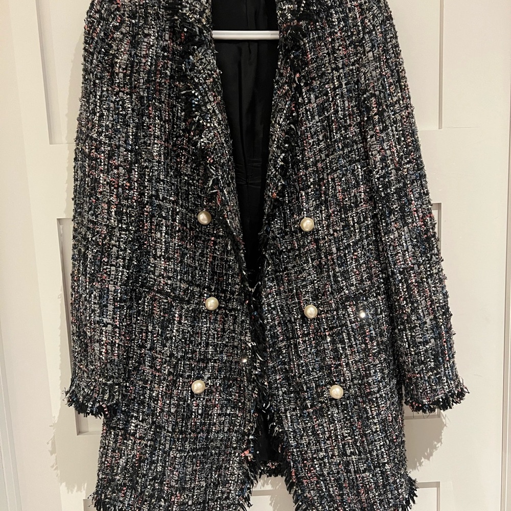 Zara Black Tweed Blazer with Pearl Accents